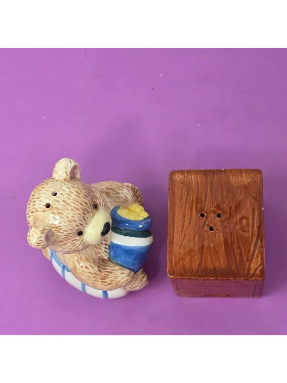 Ceramic Teddy Bear Honey Pot Salt Pepper Shakers Vintage Brown Blue Hand-Painted